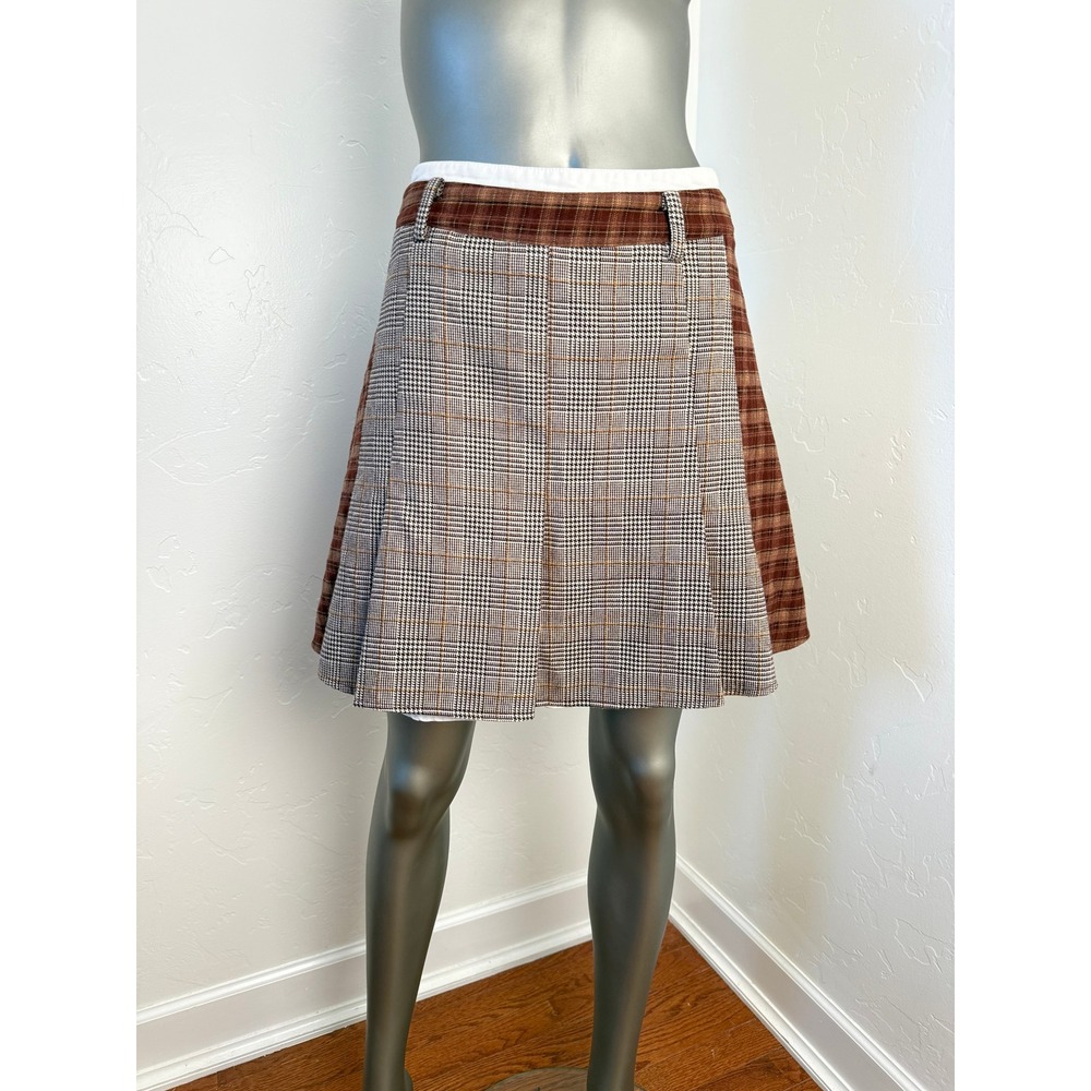 Avec Les Filles Brown Mixed Preppy Plaid Mini Skirt Lined L